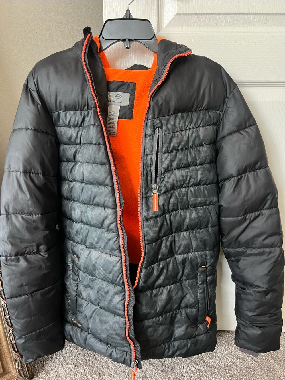 Champion Black Hooded Puffer Jacket with Orange Trim